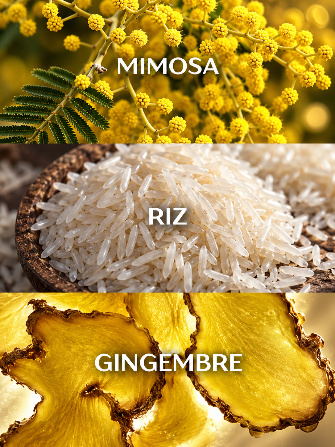 A three-part vertical image for L’AUBE featuring yellow mimosa flowers, a bowl of white rice, and sliced ginger, labeled MIMOSA, RIZ, and GINGEMBRE to evoke a fruity, musky eau de parfum.