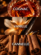 A three-panel vertical image for DERNIER VERRE showing a glass of cognac, a vanilla flower, and cinnamon sticks, with the words COGNAC, VANILLE, and CANNELLE overlaid to highlight the spicy fragrance.