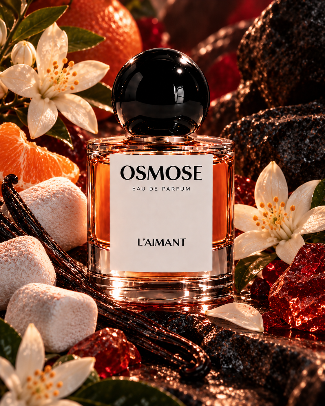 A bottle of L’AIMANT surrounded by orange slices, white flowers, vanilla beans, and sugar cubes, evoking a parfum sucré floral.