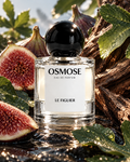 A glass bottle of LE FIGUIER with a black cap, surrounded by fresh figs and tree bark to evoke a fragrance fraîche.