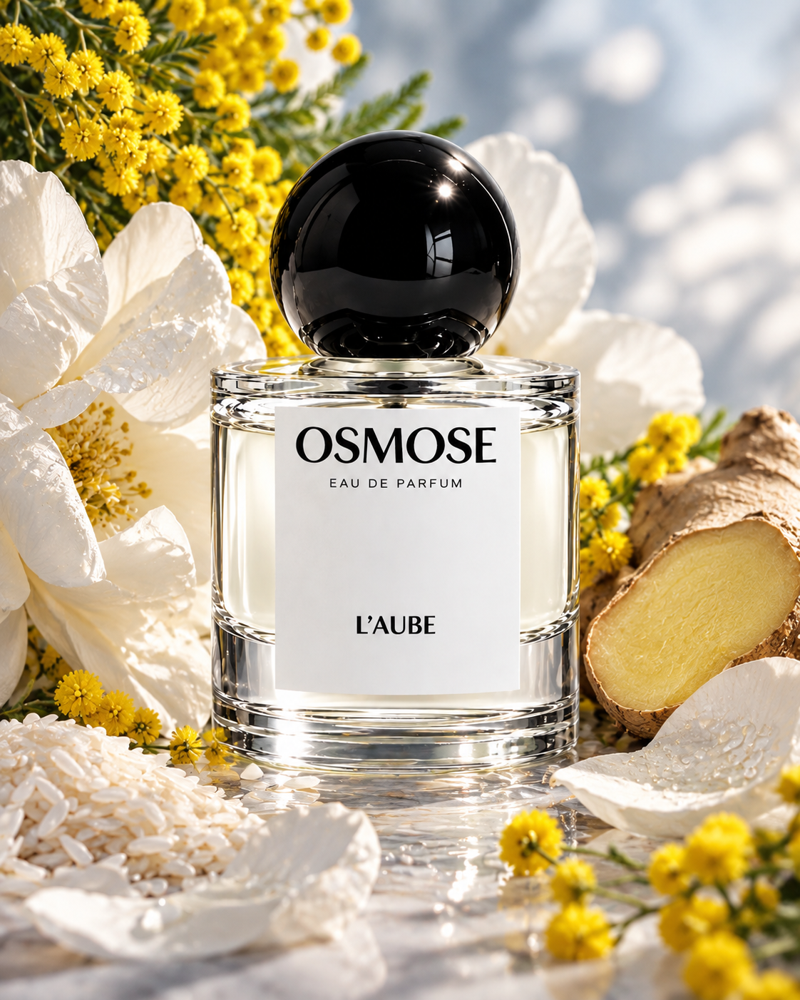 L’AUBE eau de parfum in a glass bottle with a black spherical cap, surrounded by yellow flowers, white flower petals, rice grains, and a piece of ginger.