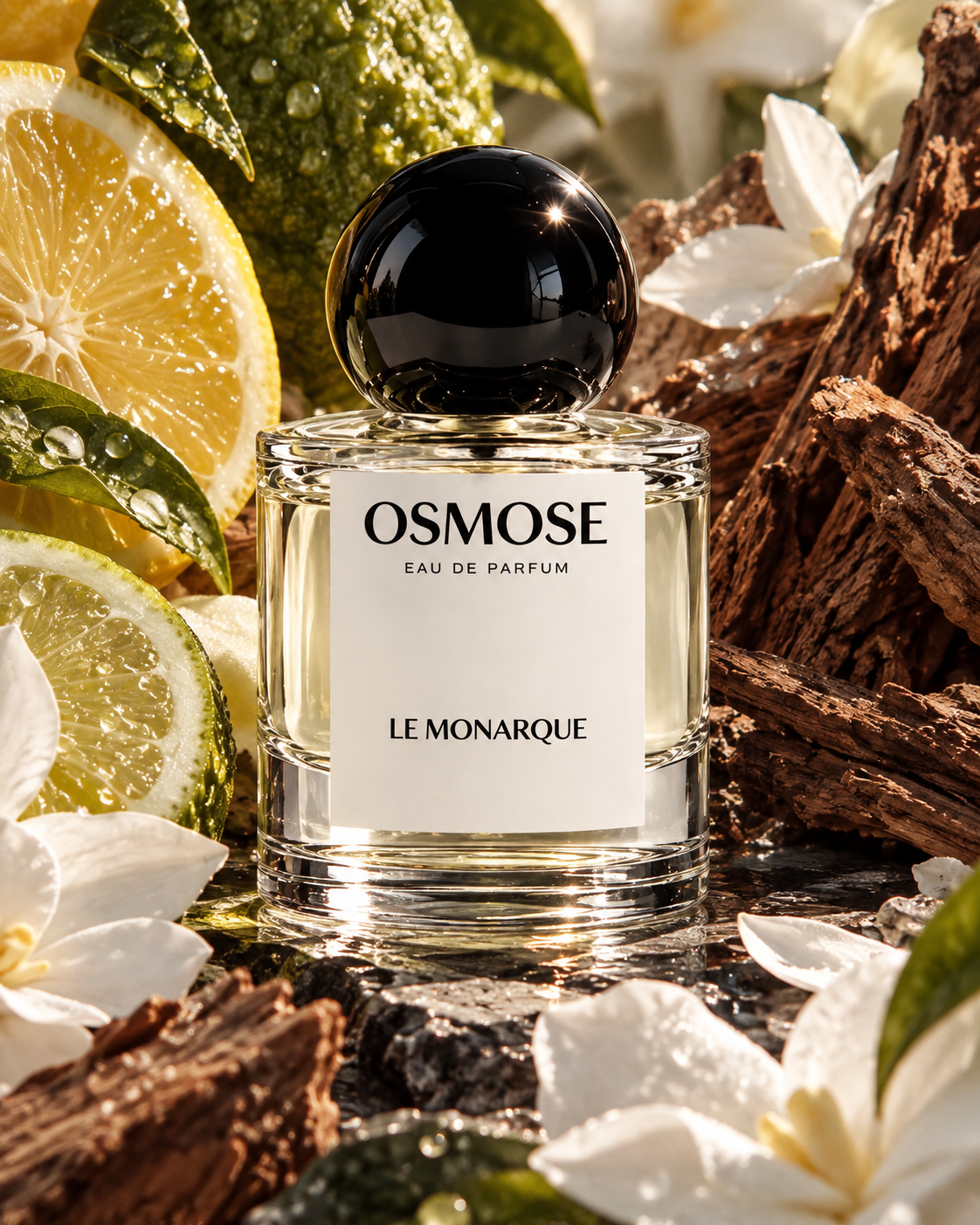 A bottle of LE MONARQUE Osmose eau de parfum with a round black cap, surrounded by citrus slices, bark, and white flowers.