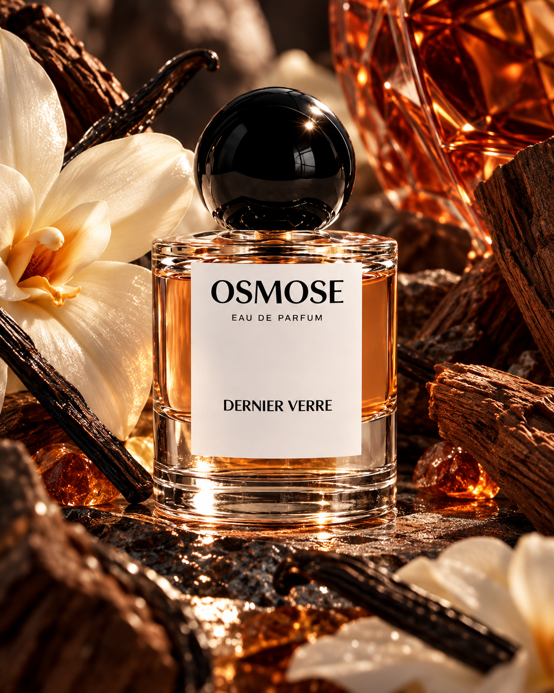 A bottle of DERNIER VERRE cognac fragrance surrounded by vanilla flowers, wood pieces, and amber stones.