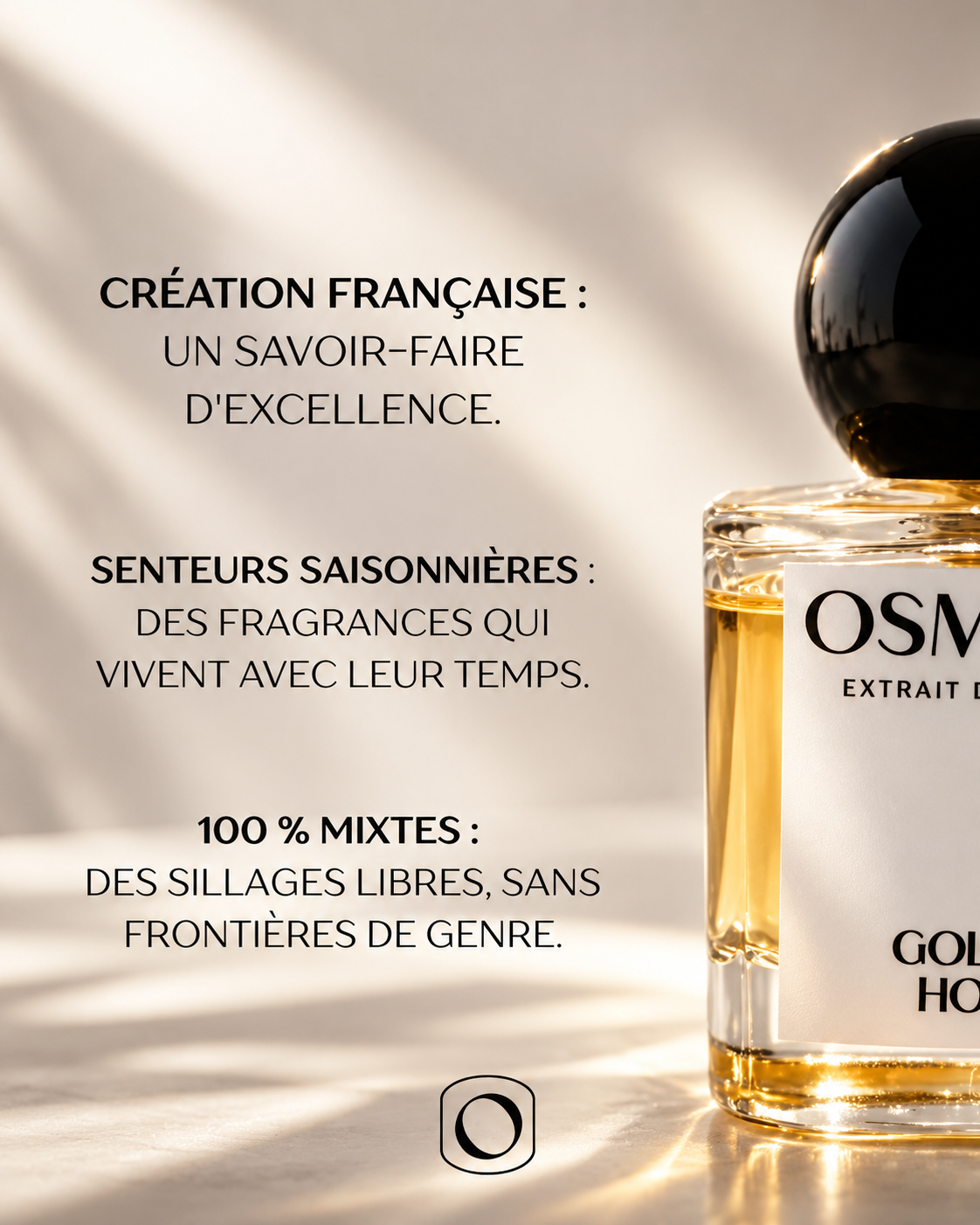 A glass L’AIMANT eau de parfum bottle with a black cap, displayed next to text detailing its French origin, seasonal scents, and gender-neutral appeal.